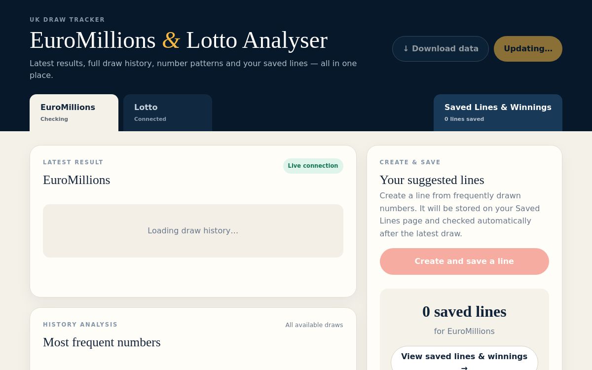 EuroMillions & Lotto Analyser app dashboard