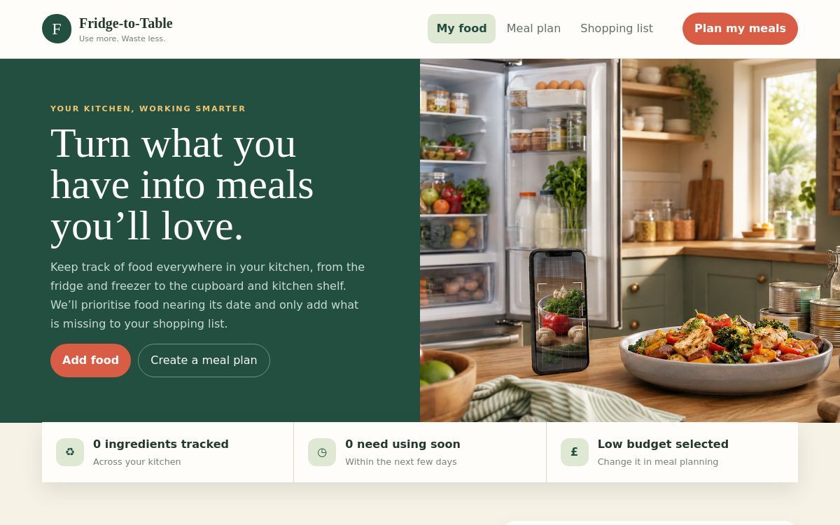 Fridge-to-Table app dashboard