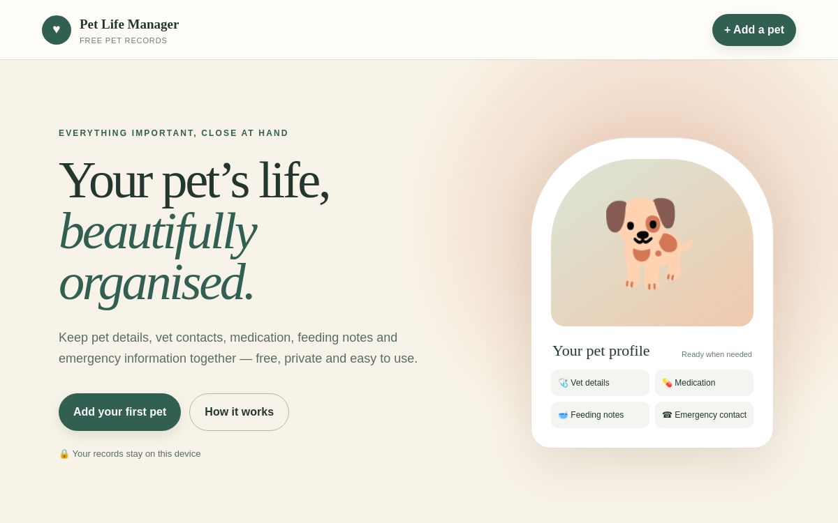 Pet Life Manager app dashboard
