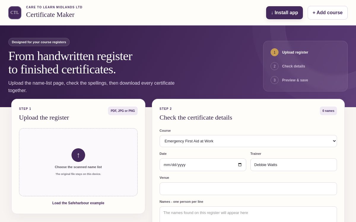 Training Certificate Maker app dashboard